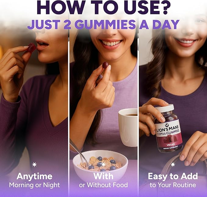 Sugar Free Lions Mane Supplement Gummies with KSM-66 Ashwagandha - Nootropic Supplement for Cognition, Brain Fog, Mental Clarity, Focus & Stress Support - Natural Berry Flavor, Vegan, Made in USA