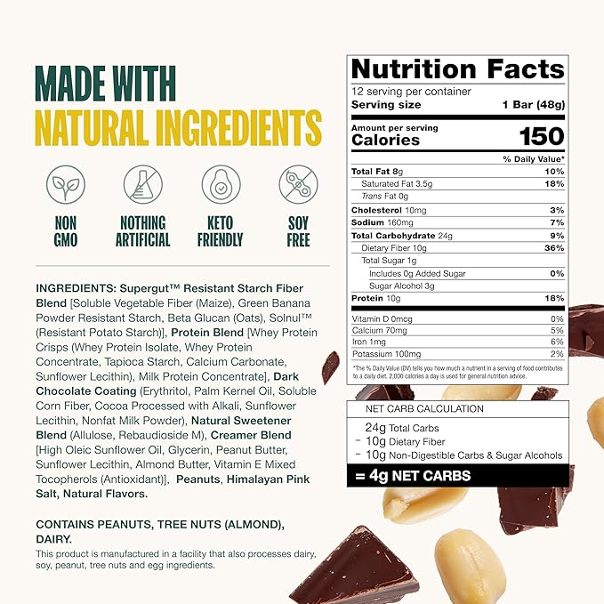 Supergut GLP-1 Boosting Prebiotic Bars, Peanut Butter Chocolate - Gut Healthy Protein Snacks & Breakfast Bars - Keto-Friendly Meal Replacement Energy Bars for Gut Health (12 Count)