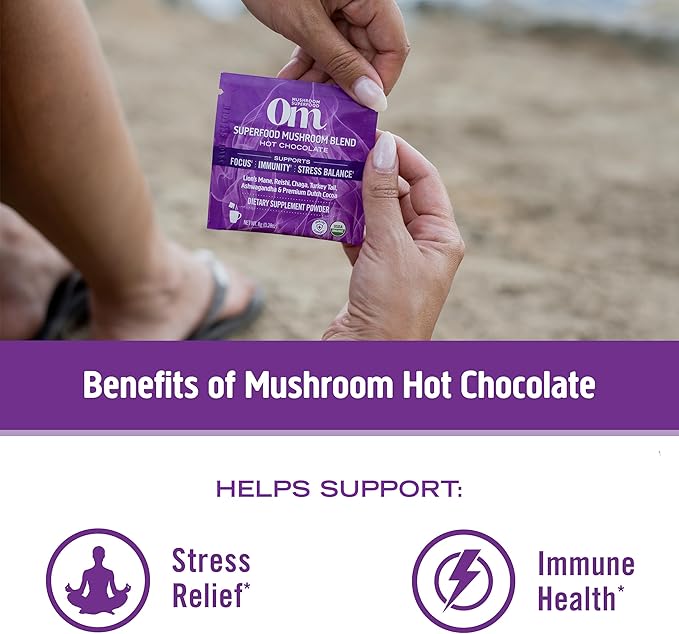 OM MUSHROOM SUPERFOOD Hot Chocolate Blend Mushroom Powder, 8.47 Ounce Canister, 30 Servings, Cocoa, 2g of Sugar, 25 Calories, Lion's Mane, Reishi, Chaga, Turkey Tail, Focus and Stress Support