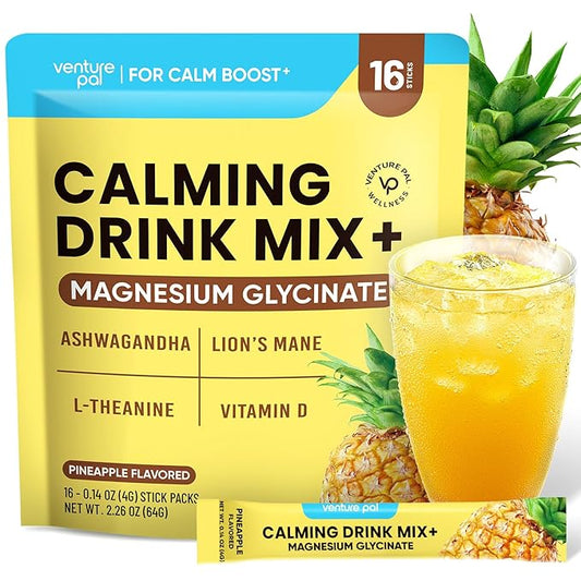 Venture Pal Calming Powdered Drink Mix, Magnesium Glycinate, Ashwagandha, L-Theanine,Vitamin D, Lions Mane, Sugar Free Magnesium Supplement Blend for Relax & Focus, Non GMO, Vegan, On The Go