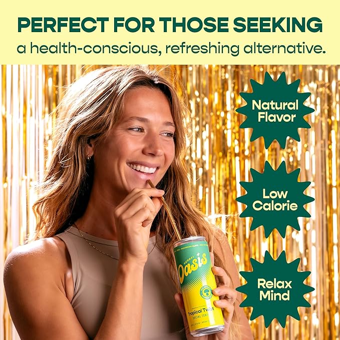 Herbal Oasis Tropical Twist 4-Pack - Mood-Boosting Mushroom Social Tonic, with Lion’s Mane, L-Theanine & Vitamin B12 - Low Calorie Vegan Drink, Non-Alcoholic for Mindfulness & Balance, 12 fl oz