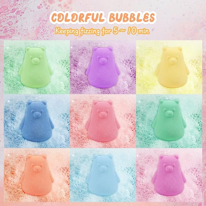 SHUCHING 9 PCS XXL Bear Bath Bombs with Surprise Inside, Natural and Organic Bubble Bath Fizzy Balls, Birthday Christmas Halloween Gifts Set