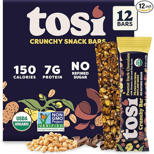 Tosi Peanut Dark Chocolate Protein Bars (8G) - Plant Based Healthy Snacks, Gluten-Free Crunchy Snacks, Vegan & Organic, Flax & Chia Seeds, Soy-Free, Omega 3s, 1 oz, 12-Pack