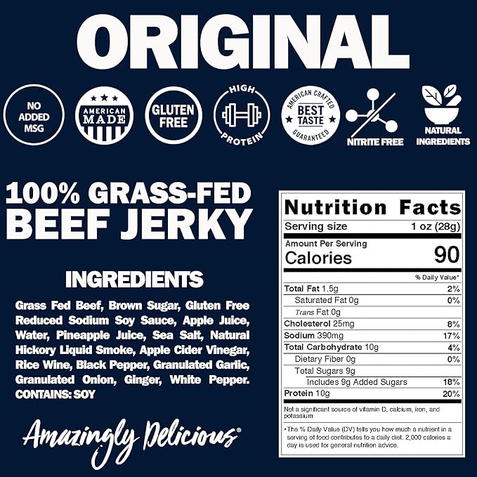Field Trip Grass Fed Beef Jerky, Healthy Gluten Free Snacks, All Natural, High Protein Snack with No Nitrates, 2.2 Ounce Bag, 4 Pack, Original