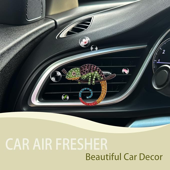 Bling Car Accessories Chameleon Air Freshener Vent Clips Long Lasting Aroma Diffuser Cute Colorful Lizard Decor for Women Teens