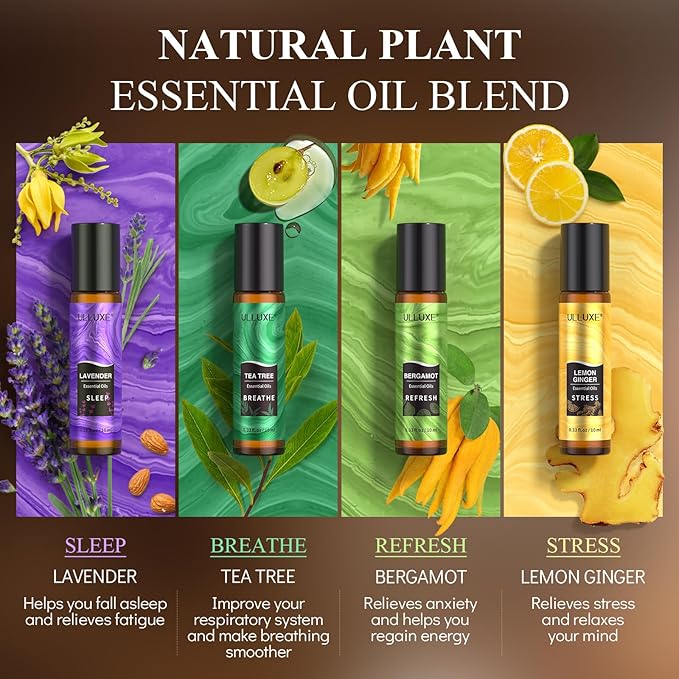 Essential Oils Roll On Set (Pack of 8) 8 Scent, Essential Oil Roller Set, Natural Aromatherapy Oil Blends for Skin, Self Care Gift Stocking Stuffers for Women and Men