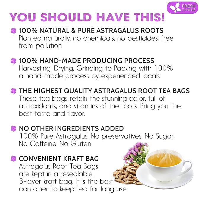 FreshDrinkUS Premium 55 Astragalus Root Tea Bags, 100% Natural & Pure. Astragalus Root Herbal Tea. Made With Natural Material Tea Bags. No Sugar, No Caffeine, No Gluten, Vegan