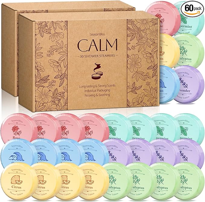 Shower Steamers 60 PCS with Individually Wrapped, Shower Bombs for Women with 6 Rich Scents, Rose Peppermint Citrus Eucalyptus Ocean Lavender, Christmas Birthday Mother's Day Present for Mom Wife Men