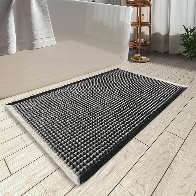 AMOAMI Upgraded Waffle Bath Mat, Super Absorbent Non Slip Bath Mats for Bathroom Floor, Machine Washable Bathroom Rugs with Tassels, Rubber Backed Bathroom Mats, Ultra Soft, 18" x 30",Black & Cream