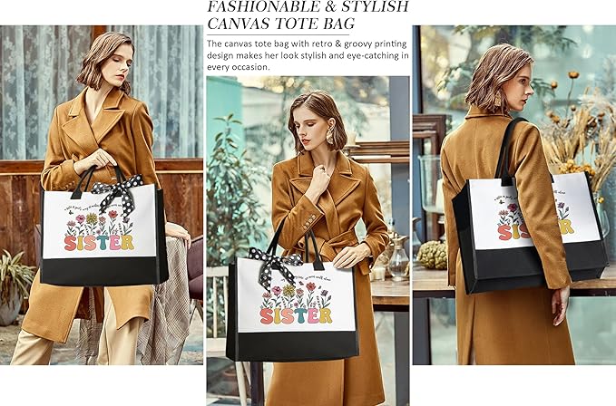 Best Sisters Gifts for Christmas Sister Gifts from Brother Sis, Birthday Gift Set for Sister-in-Law Soul Sisters, Funny Friendship Gift for Women Unique Bestie Retro Basket for w/Canvas Tote Bag