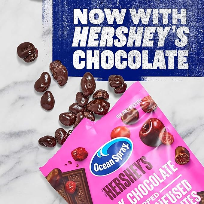 Hershys Ocean Spray 20oz 1 packs - Dark Chocolate Candy Dipped Cherry Infused Cranberry Bites, Chocolate Covered Cherries - Dark Chocolate Covered Sweetened Dried Cranberries