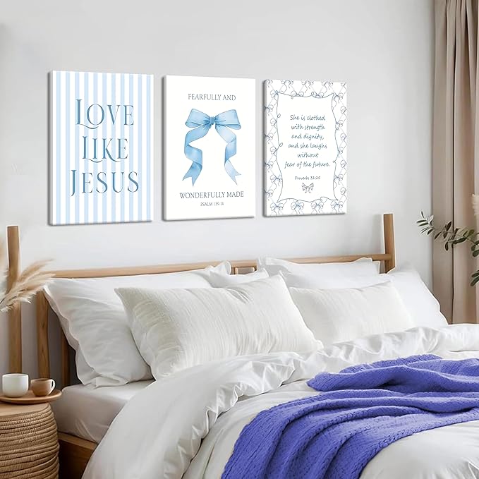 Light Blue Bow Christian Wall Art for Girls Dorm – Coquette Aesthetic Scripture Canvas Prints, Christian Wall Decor for Teen Room, or Bathroom – Framed Cute Spiritual Decor 12x16 inch