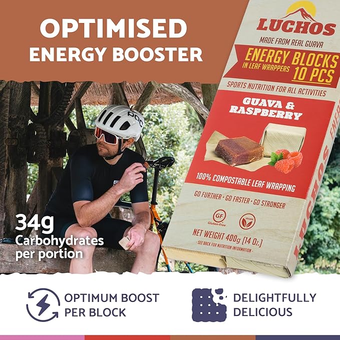 LUCHOS Natural High Energy Bars Power Blocks for Sports, Endurance, Running, Hiking, Cycling, Pre Workout Healthy Snacks, High Carb, Vegan and Gluten Free, Guava and Raspberry, 10 Pieces