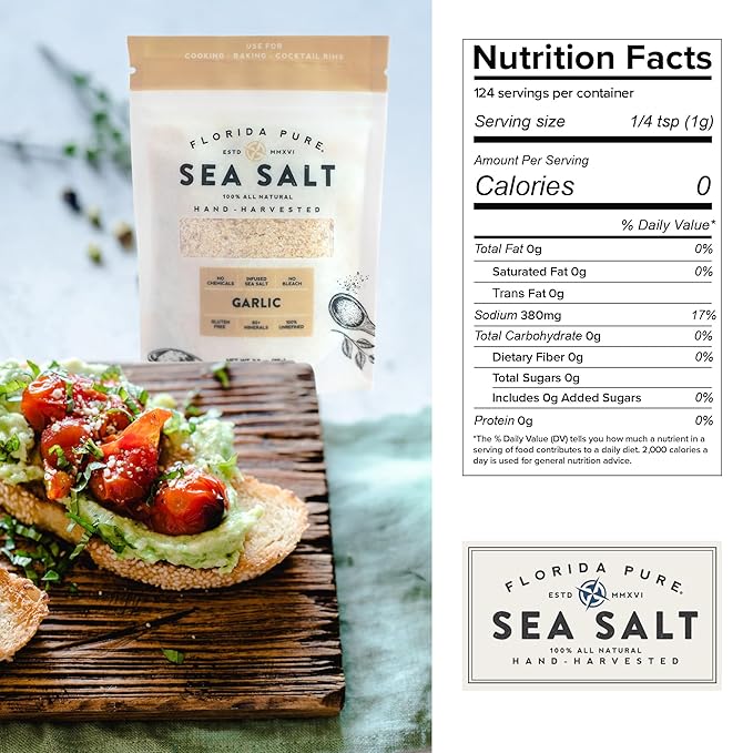 FLORIDA PURE Garlic Sea Salt - 80+ Mineral Sea Salt, Natural, Unrefined, Non Iodized - for Baking, Cooking, Seasoning & Enhancing Taste - Rich Taste Flaky Sea Salt (3 oz. Pouch)