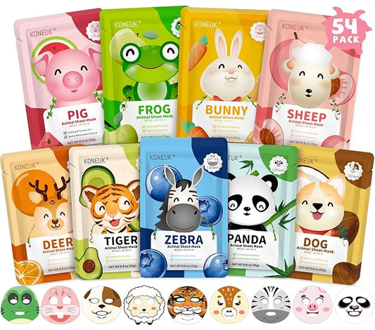 54 Pack Animal Kids Face Mask Spa, Bulk Collagen Hydrating Sheet Face Masks Skincare for Girls Teens, Christmas Gifts, Birthday Gifts, Stocking Stuffers for Women