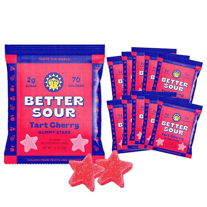Better Sour Tart Cherry Candy, Sour Gummies with Bold Fruit Flavor, Mouthwatering Sour Candy Made with Real Fruit Juice, Vegan and Gluten-Free Treats, (Pack of 10)
