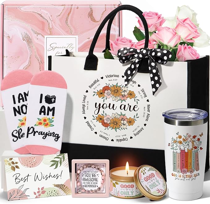 Christian Gifts for Women Faith Inspirational Religious Gift Basket, Catholic Spiritual Gift Unique Christmas Birthday Gifts for Women Mom Sister Best Friends Grandma Wife Coworker w/Canvas Tote Bag