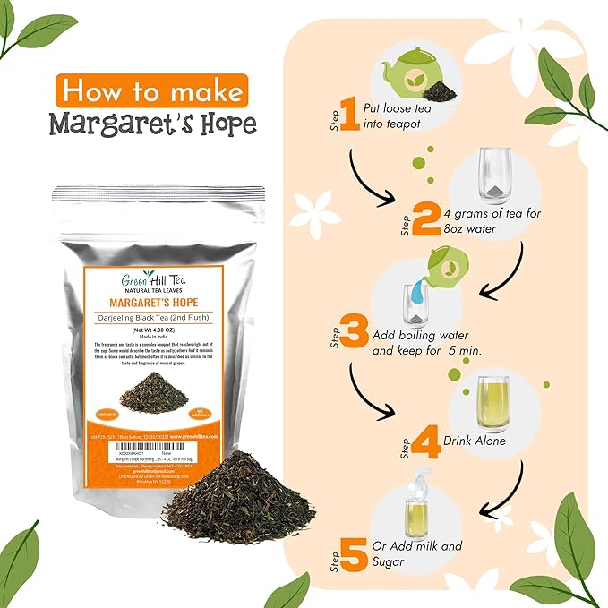 Greenhilltea - Darjeeling Margaret's Hope (TGFOP) Second Flush - Premium Loose Leaves Black Tea From Himalayas- Medium Caffeine-Mellow and aromatic with muscatel notes – 4 OZ. Tea in Foil Bag.