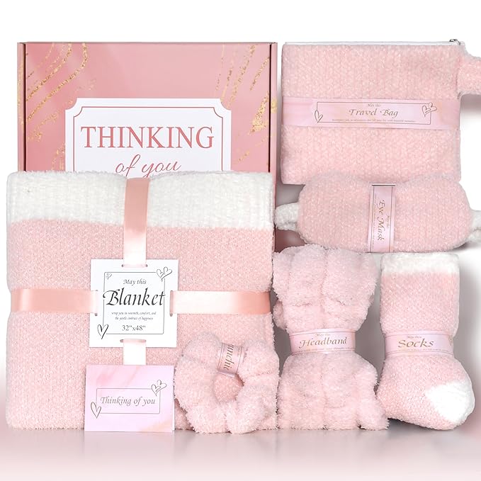 JOOJA Birthday Cozy Thinking of You Get Well Soon Gift Basket Care Package with Blanket, Fuzzy Socks, Eye Mask, Headband Cozy Essentials - Pink