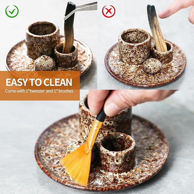 Palo Santo Sticks Holder, Multi-Purpose Handmade Ceramic Incense Burner for Palo Santo Incense Sticks, Sage Holder for Burning, Ash Catcher Tray for Meditation Yoga Room-Brown White