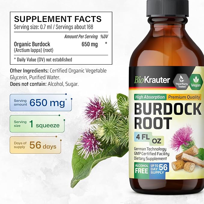 BIO KRAUTER Burdock Root Tincture - Antioxidant Support Liquid Supplement - Burdock Root Extract - Alcohol and Sugar Free - Vegan Drops 4 Fl.Oz.