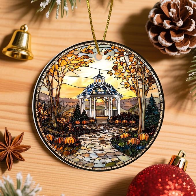 Ceramic Christmas Ornament 2025 – Scenic Village Landscape Round Ornament – Double-Sided UV Printed Holiday Tree Decor Gift for Men Women