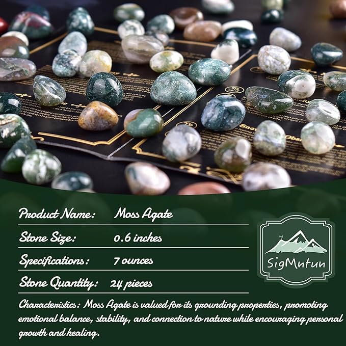 Moss Agate Healing Crystal Stone Set - 24 Pieces, 0.6" Natural & Polished Stones for Healing, Meditation, Reiki, Chakra, Crafting & Decoration
