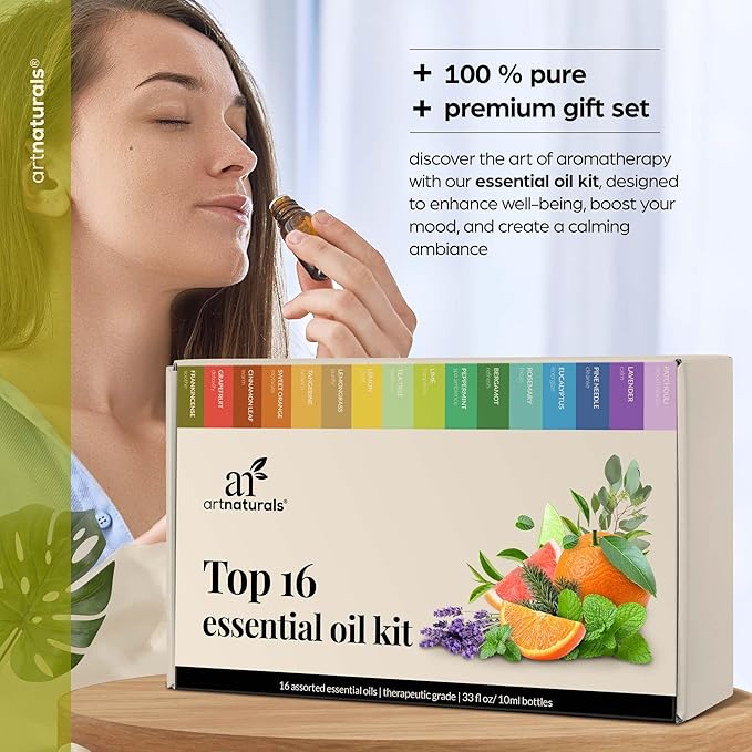 ArtNaturals Aromatherapy Essential Oil Set - 100% Pure of The Highest Therapeutic Grade Quality - Premium Gift Set – Lavender, Peppermint, Tea Tree, Eucalyptus, 0.33 Fl Oz (Pack of 16)