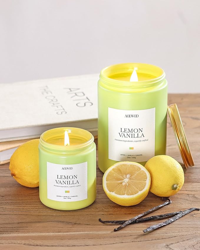 AOOVOO Lemon Vanilla Candles - Scented Candle Gift for Women, 9oz Soy Candle, 50 Hours Burn, Jar Candle for Home Scented, Relaxing, Stress Relief Candles