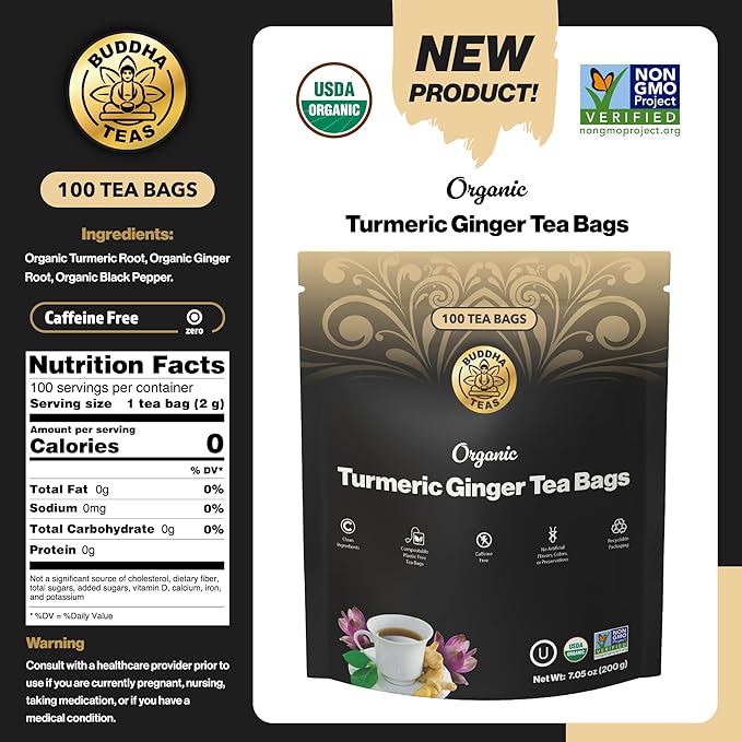 Buddha Teas - Organic Turmeric Ginger Tea Bags - For Health & Wellbeing - With Antioxidants & Minerals - Clean Ingredients - Caffeine Free - OU Kosher & Non-GMO - 100 Non-String Tea Bags (Pack of 1)