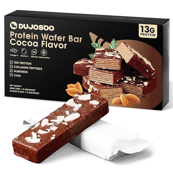 DUJOSOO Protein Wafer Bar,Crispy - Silky Texture with Almond Chunks,13g Premium Protein,2g Low Sugar,Add chia seeds,2g Dietary Fiber,Rich in Collagen, Vitamin E and Omega-3,Nutritious Snacks to Support Energy,12 Count(Pack of 1)