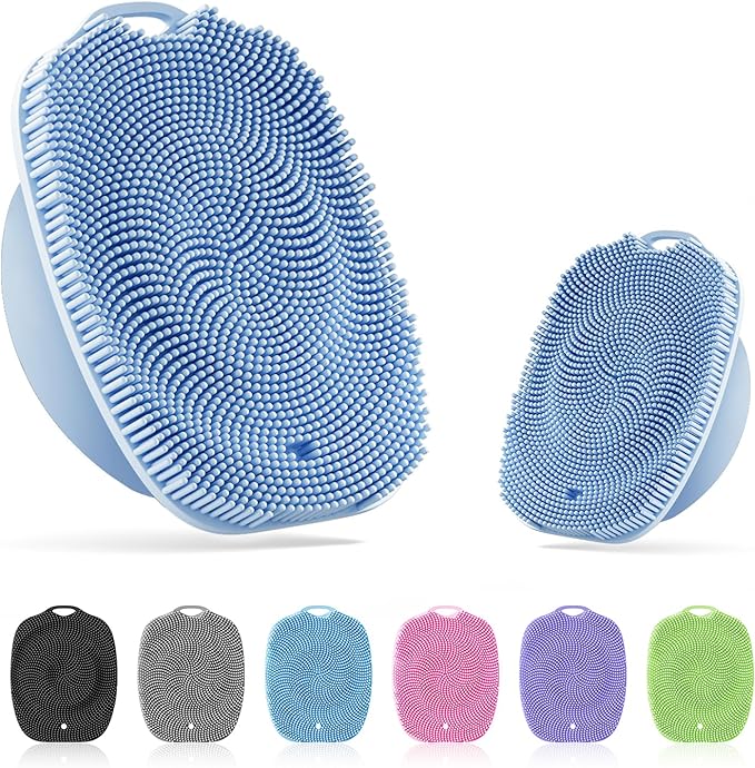 Soft Silicone Body Scrubber Gentle Like a Hand Exfoliating Your Skin and Build Up Lather, Back Large Suction Cup Easy to Store, & Deep Clean (Body Scrubber + Face Scrubber Blue)