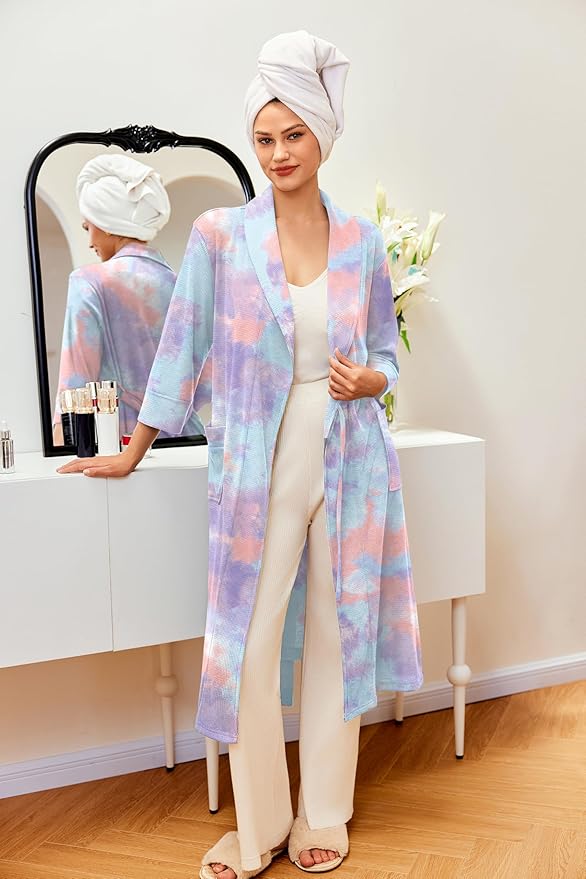 Ekouaer Robes for Women Long Waffle Knit Bathrobe Lightweight Kimono Robe Soft Shawl Collar Spa Robes with Pockets S-XXL