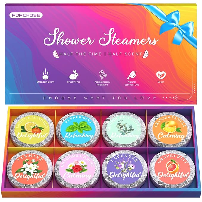 POPCHOSE Shower Steamers Aromatherapy – 8 Scented Shower Tablets with Gift Packaging, Self Care Bath Bombs for Stress Relief & Home Spa, Birthday Gifts for Women, Men, Dad, Grandma & Daughter