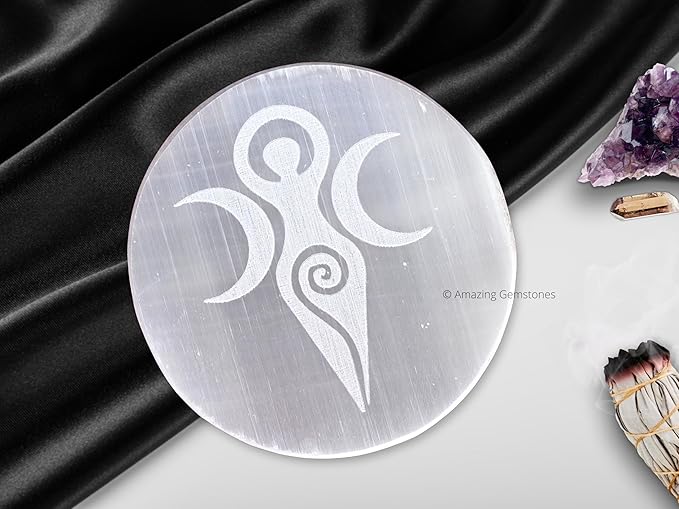 Amazing Gemstone Selenite Crystal Charging Plate For Crystals And Healing Stones, 3" Selenite Crystal Plate Engraved Goddess Angel Coaster For Home, Office Table Decor (Selenite Round Disc)