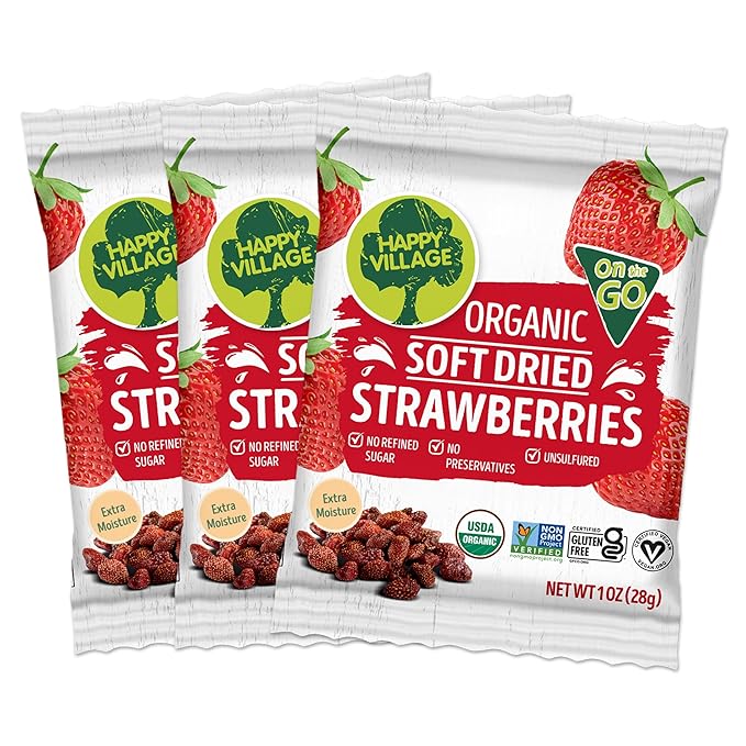 Happy Village Organic Soft Dried Strawberries On the Go – 3 Bags (15 Individual Portion Packs) | Healthy, Organic, Non-GMO, Vegan, Kosher, Gluten-Free Snack Packs