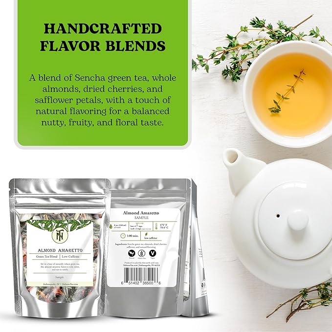 Nelson's Tea Almond Amaretto - Herbal Green Loose Leaf Tea, Curated Blend with Sencha Green Tea, almonds, Dried Cherries, and Safflower - Perfect for Bedtime Brew (Sample 0.3 Oz)