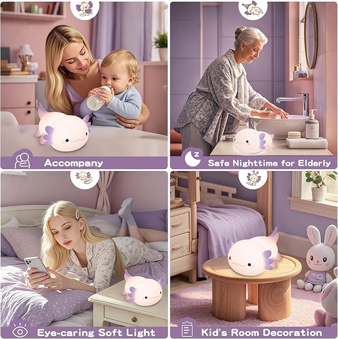 Axolotl Night Light for Kids,Cute Purple Axolotl Lamp ,LED Squishy Nursery Nightlight, Food Grade Soft Silicone Novelty Animal Bedside Lamp,Adorable Room Decor , Axolotl Gitfs for Mother Girls Baby