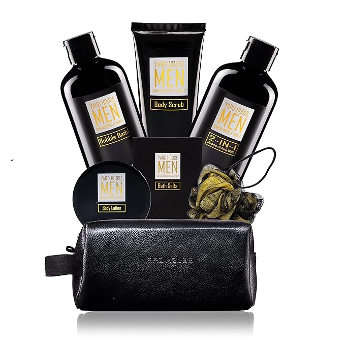 Bath and Body Spa Gift Baskets Set for Men - Sandalwood Amber - 7Pc Full Size Spa Kit in Toiletry Bag - Fathers Day Gifts For Husband, Dad From Wife, Daughter Son, Birthday Gifts For Him