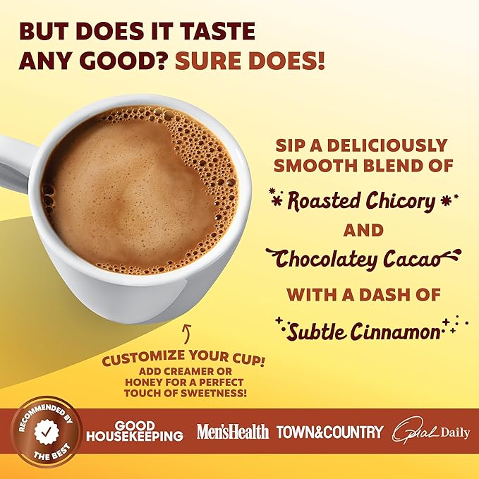 Joe'y Mushroom Coffee Alternative with Cacao and Dandelion Root, Chicory Coffee Substitute with Adaptogenic Superfoods, Vegan Gluten-Free Drink for Focus and Clean Energy without Jitters, 18 Servings