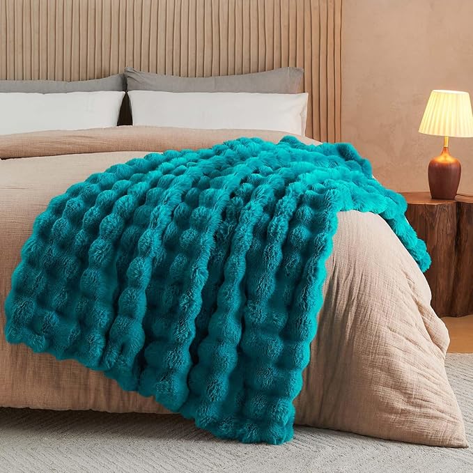 Lotus Karen Faux Fur Teal Throw Blanket - Big Bubble Rabbit Fluff Blanket for Couch Bed Sofa,Softest Fluffy Fuzzy Cozy Blanket,Thick Furry Plush Shaggy Warm Blankets for Women,50x60 Inches