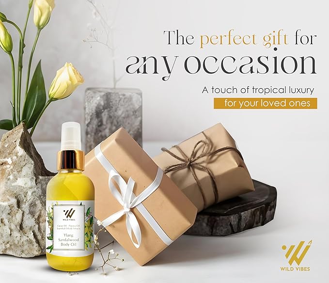 Wild Vibes Ylang Sandalwood + Amber Luxury Body Oil – Organic with Sandal and Tropical Oils for Hydrated, Radiant Skin – Anti-Aging After Shower for Women – 4 oz