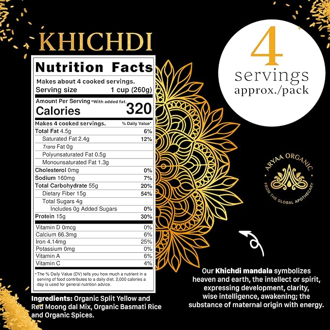 Aryaa Organic Khichdi 1.15lb (4 pack/220g) - Makes 16 Cups | Indian Risotto: Basmati Rice, Lentils & Spices, Organic, Gluten-Free, Non-GMO, Vegan, No Preservatives
