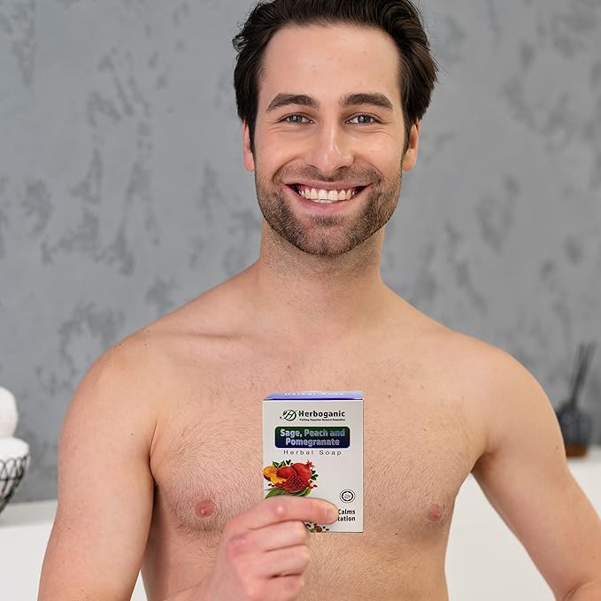 HERBOGANIC Sage Peach and Pomegranate Herbal Soap | Pack of 6 of 5oz soap Bar | Ideal for Men and Women, Soothing and Nourishing Soap for Moisturization