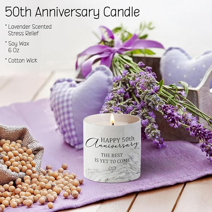 50th Anniversary Candle for Couples 50th Golden Anniversary Wedding Gifts for Parents Women Men Lavender Happy 50 Year Aniversario Candle Gifts for Wife Husband 6 oz