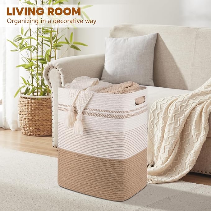 Laundry Hamper, Large Woven Rope Tall Laundry Basket with Handles, 22" X 17" X 13", Decorative Storage Basket for Clothes and Blankets in Living room, Bedroom, Jute & White