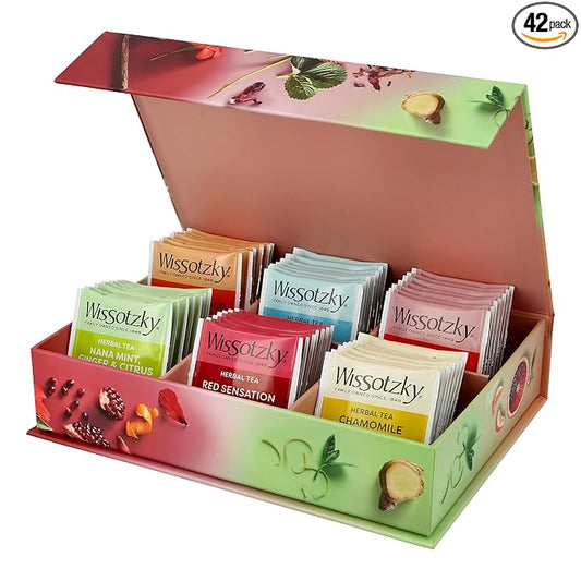 Wissotzky Herbal Tea Collection Dream Gift Box (42 Tea Bags) | Individually Wrapped | 6 Flavors | Naturally Caffeine-Free | Variety Pack Tea Sampler Gift Set | Corporate & Holiday Gifts | Certified Kosher