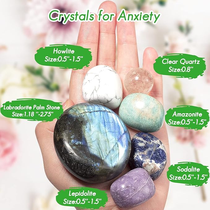 QianCannaor Healing Crystals Set for Calming, Anxiety & Stress with Labradorite Palm Stone, Spiritual Crystals and Gift for Meditation, Manifestation, Reik