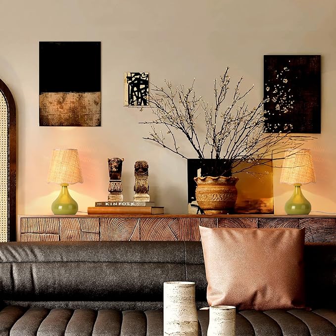 Green Cute Small Boho Table Lamp for Bedroom Bedside, Green Bedroom Lamps for Nightstand, Small Scalloped Rattan Shade Table Lamps for Small Spaces for Bedroom, Home Office, Living Room, Kids Dorm