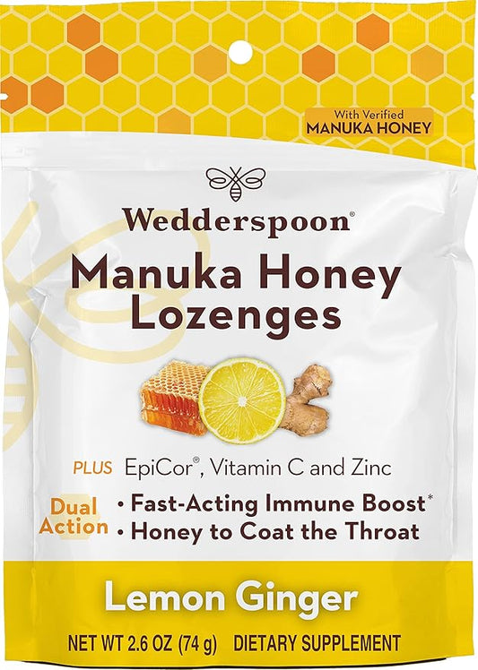 Wedderspoon Manuka Honey Immunity Lozenges, Lemon Ginger, 2.6 Oz (Pack of 1), Genuine New Zealand Honey, Boost Immunity Within Two Hours